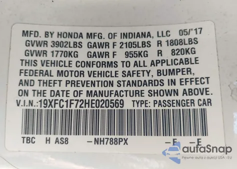 2017 Honda Civic Ex-L z USA, uszkodzony, nr VIN 19XFC1F72HE020569